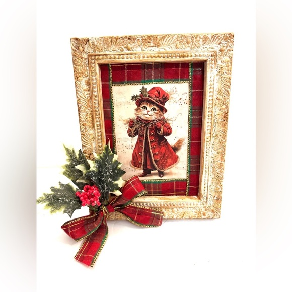 New! OOAK Victorian Holiday Christmas Cat Picture Decor Distressed Frame - Picture 1 of 7
